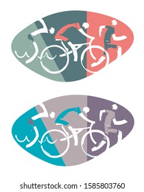 Swimmer, cyclist, runner racers.
Three triathlon stylized athletes on colorful background. Vector available.