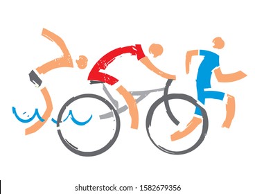 Swimmer, cyclist, runner.
Three triathlon expressive stylized athletes. Isolated on white background. Vector available.