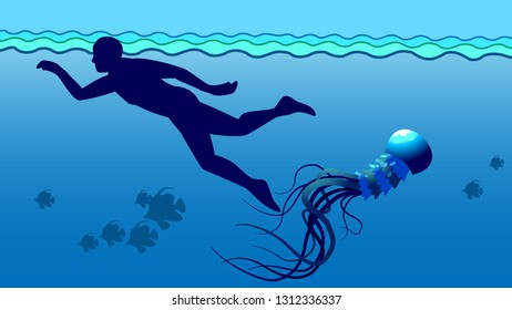 Swimmer in dangerous situation of jellyfish attack, hidden menace on summer beach for swim. Huge medusa and human
