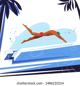 Swimmer dives into the pool. Illustration on white background.