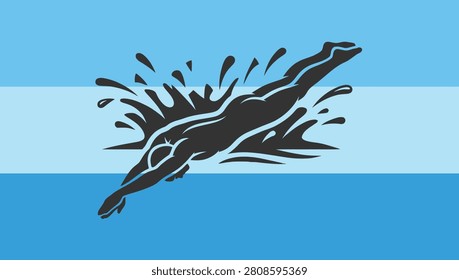 Swimmer diving into blue water splash flat vector graphic illustration