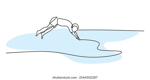 A swimmer diving into a pool, illustrating water sports and athleticism. One line drawing for a healthy, active lifestyle. Vector illustration hand drawn.