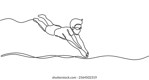 A swimmer diving into a pool, symbolizing water sports and fitness activities. One line drawing for a healthy lifestyle and sports concepts. Vector illustration hand drawn.