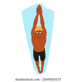 Nadador Buceando En Una Piscina, Usando Gafas Y Una Gorra De Natación. La Imagen Capta La Esencia De La Natación Competitiva Y El Atletismo. Ilustración vectorial De Dibujos Animados Perfecta Para Temas Sobre Deportes Y Fitness