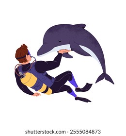 Swimmer diving to ocean wildlife, communicates with wild dolphin. Scuba diver swimming underwater with aqualung, goggles. Man freediving with sea fauna. Flat isolated vector illustration on white