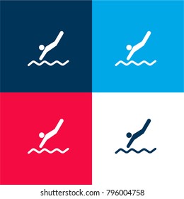 Swimmer diving to water four color material and minimal icon logo set in red and blue