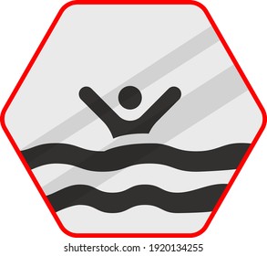 Swimmer drowning concept vector red color icon design, Pool and beach safety rules on white background, Don't Swim Alone Symbol, Swimming Sports hexagon signboard mockup stock illustration