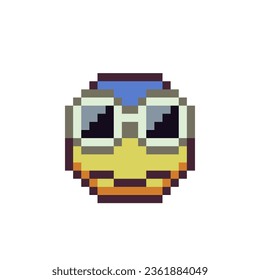Swimmer face in glasses pixel art icon, alien emoticon, anthropomorphic head cartoon character, yellow smiley. 8-bit style. Show language emotion. Flat style. Isolated abstract vector illustration.