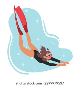 El Personaje Femenino De La Bañera Se Sumerge En El Agua Con Gracia Y Precisión. Una Joven Deportista Se Sumerge En El Agua Con Agilidad, Surge Con Agradable Y Elegancia. Ilustración de vectores de personas de caricatura