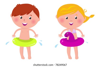 Swimmer girl and boy - with swimming ring. Vector Illustration.