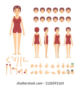 swimmer girl character set. Full length. Different view, emotion, gesture.
