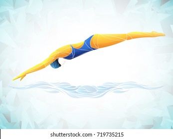 swimmer girl vector. swimming butterfly. Muscular young girl in blue cap in swimming pool