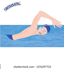 Swimmer in glasses, blue abstract water - isolated on white background - vector. Sports lifestyle. Pool. Character for water sports.