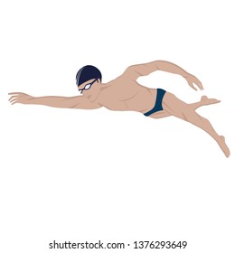 Swimmer in glasses - isolated on white background - vector. Sports lifestyle. Pool. Character for water sports.