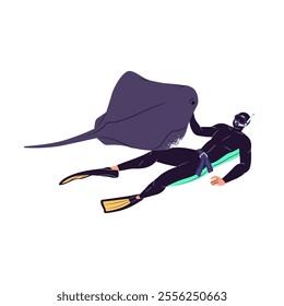 Swimmer in goggles communicates with sea stingray during scuba diving. Diver swimming underwater with mask, snorkel. Man observes ocean fauna. Flat isolated vector illustration on white background