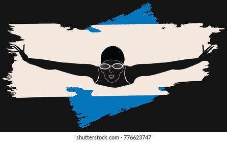 Swimmer - head in hat and glasses - abstract background - brush stroke - art illustration vector. Minimalism. Flat style. Sports poster