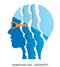 Swimmer head silhouette, torn paper. Playful Illustration of a stylized male head with swimming glasses and swimming cap. Vector available.