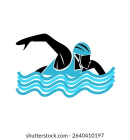 Swimmer icon illustration. Water sport vector. Blue wave design. White background.