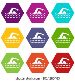 Swimmer icon set many color hexahedron isolated on white vector illustration