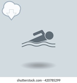 Swimmer icon with shadow. Cloud of download with arrow.