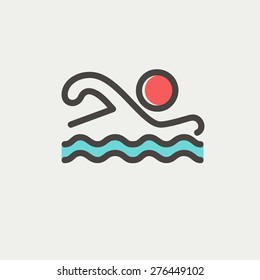 Swimmer icon thin line for web and mobile, modern minimalistic flat design. Vector icon with dark grey outline and offset colour on light grey background.