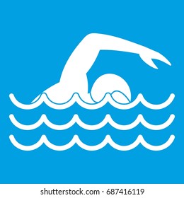 Swimmer icon white isolated on blue background. Illustration of swimmer icon vector for any web design