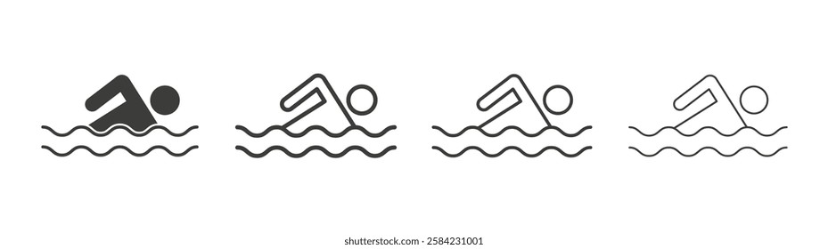 Swimmer icons set. Liner outlined and flat black color