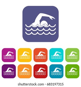 Swimmer icons set vector illustration in flat style in colors red, blue, green, and other