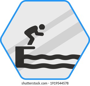 swimmer jumping to pool concept vector blue color icon design, Pool and beach safety rules on white background, water sports symbol, Swimming Sports hexagon signboard mockup stock illustration