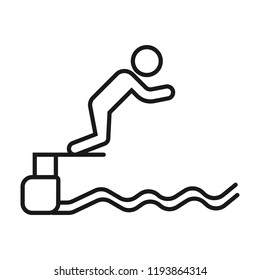 Swimmer jumping from starting block in pool line icon.