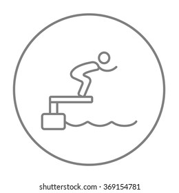 Swimmer jumping from starting block in pool line icon.