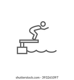 Swimmer Jumping From Starting Block In Pool Line Icon.