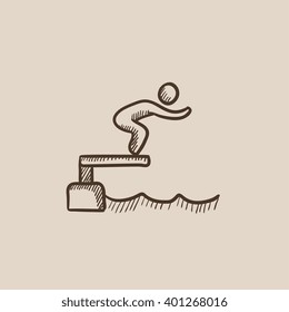 Swimmer jumping from starting block in pool sketch icon.