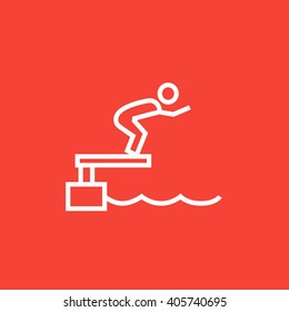 Swimmer jumping from starting block in pool line icon.