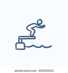 Swimmer jumping from starting block in pool vector sketch icon isolated on background. Hand drawn Swimmer jumping in pool icon. Swimmer jumping in pool sketch icon for infographic, website or app.