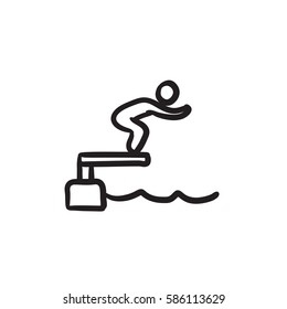 Swimmer jumping from starting block in pool vector sketch icon isolated on background. Hand drawn Swimmer jumping in pool icon. Swimmer jumping in pool sketch icon for infographic, website or app.