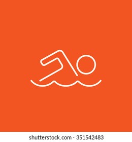Swimmer line icon for web, mobile and infographics. Vector white icon isolated on red background.
