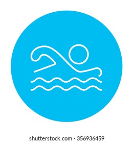 Swimmer line icon for web, mobile and infographics. Vector white icon on the light blue circle isolated on white background.