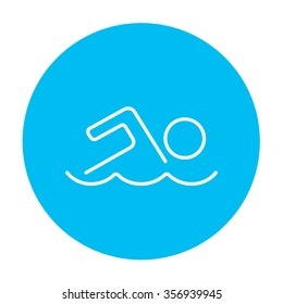 Swimmer line icon for web, mobile and infographics. Vector white icon on the light blue circle isolated on white background.