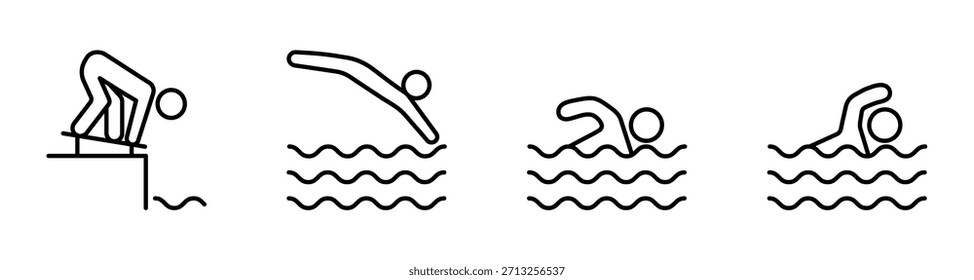Conjunto de iconos de línea de nadador, Ilustración vectorial