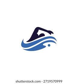logotipo do nadador com ondas azuis no estilo de design de vetor plano