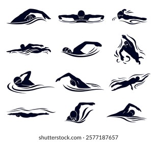 Swimmer male athlete silhouette swimming in water waves icon set vector flat illustration. Swim professional competition sport club team training muscular man figure splashing motion