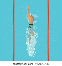 Un nadador se arrastra por la piscina. Vista desde arriba. Ilustración de diseño plana vectorial.