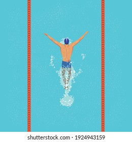 Un nadador nada más bañarse una mariposa en la piscina. Vista desde arriba. Ilustración de diseño plana vectorial.