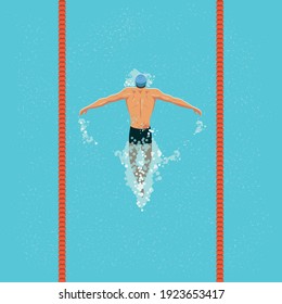 Un nadador nada al estilo mariposa en la piscina. Vista desde arriba. Ilustración de diseño plana vectorial.