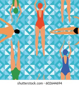 swimmer men and women engaged in sports swimming. geometric background. Art top summer seamless pattern vector. Print people