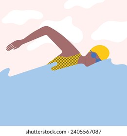 Swimmer  - modern colorful vector cartoon character illustration, swimming man or women with a yellow cap and skinny  