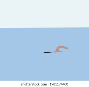 Swimmer in the ocean illustration. Sports vector background for active outdoor healthy lifestyle. Minimal color