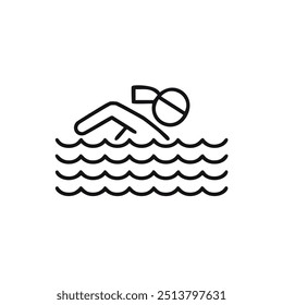 Nadador en el icono de la línea de las olas del océano. Icono de línea simple que representa a un nadador disfrutando del agua. Perfecto para Sitios web, App o presentaciones sobre natación, deportes acuáticos o verano.