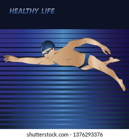 Swimmer on abstract background - vector. Fitness icon. Sports lifestyle. Pool. Character for water sports.
